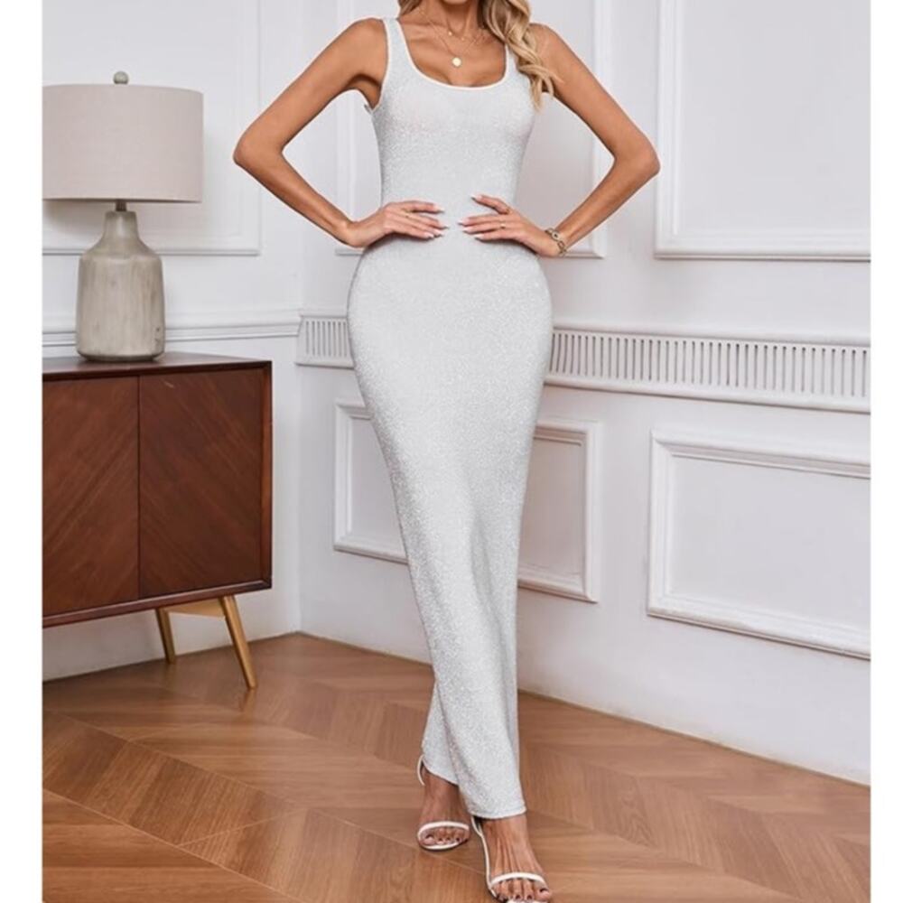 NWT ~ Sexy Metallic Silver Gray Backless Bodycon U Neck Tank Stretchy Dress ~ M